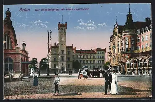 AK Erfurt, Bahnhofsplatz mit Hotel Erfurter Hof