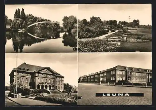 AK Leuna /Kr. Merseburg, Waldbadbrücke, Klubhaus der Werktätigen, Anlagen an der Saale