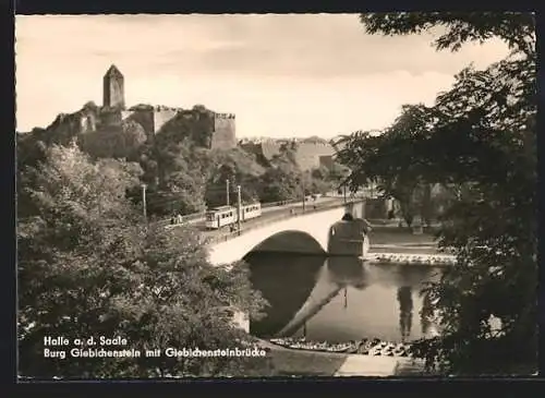 AK Halle a. d. Saale, Burg Giebichenstein, Strassenbahn auf der Giebichensteinbrücke