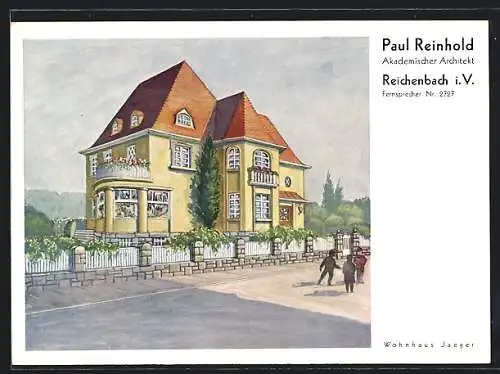Künstler-AK Reichenbach i.V., Ansicht eines Hauses mit Spaziergängern