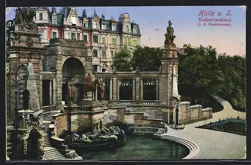 AK Halle a/S, Kaiserdenkmal i.d. Poststrasse