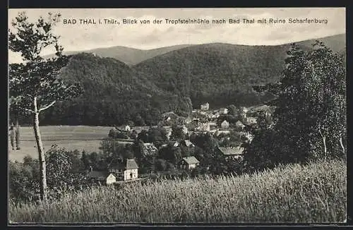 AK Bad Thal, Ortsansicht, Blick von der Tropfsteinhöhle, Ruine Scharfenburg
