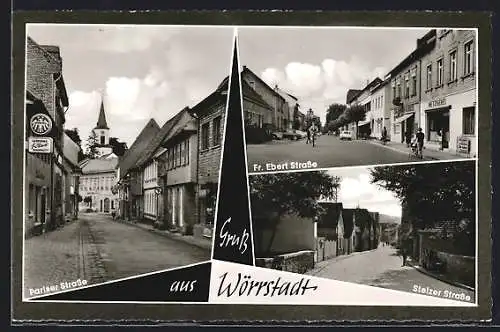 AK Wörrstadt, Pariser Strasse mit Turm, Strassenpartien Fr. Ebert- und Stelzer Strasse