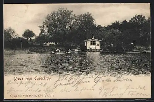 AK Kiel, Gasthof Eiderkrug, See mit Booten