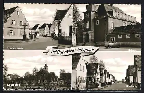 AK Heiligenstein / Pfalz, Strassenpartie, Schule, Kirchpartie, Siedlung