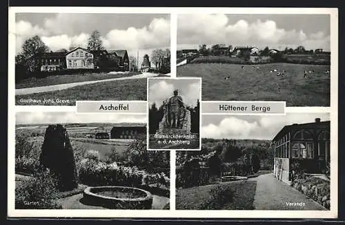AK Ascheffel, Gasthaus Johs. Greve, Garten, Bismarckdenkmal, Veranda