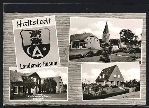 AK Hattstedt /Husum, Christiansens Gasthof, Kirche, Stadtwappen