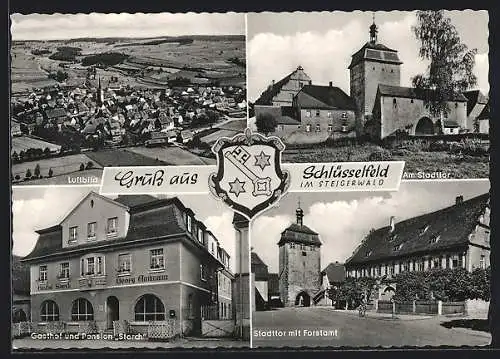 AK Schlüsselfeld i. Steigerwald, Totalansicht aus der Vogelschau, Gasthaus & Pension Storch, Stadttor mit Forstamt