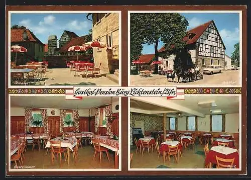 AK Lichtenstein / Ufr., Gasthof Pension Burg Lichtenstein, Terrasse, Blick auf den Gasthof und Kutsche, Gastzimmer