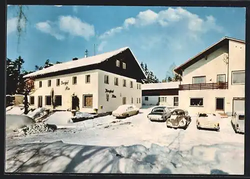 AK Alm-Hofstetten /Fichtelgebirge, Hotel Berghof Alm im Winter, VW-Käfer