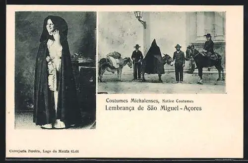 AK Lembranca de Sao Miguel /Acores, Junge Frau in traditioneller Tracht, Händler mit Esel