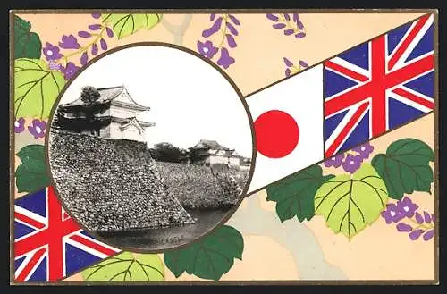 AK Osaka, Castle, Britische und Japanische Flagge