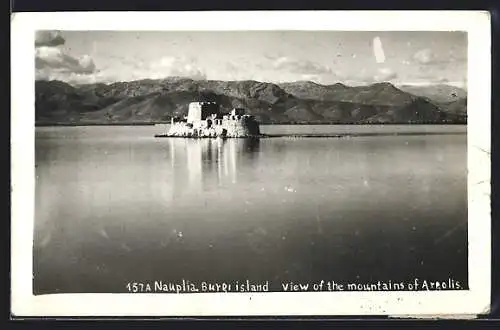 AK Nauplia, Burg island, View of the mountains of Argolis