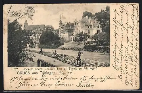 AK Tübingen, Uferpartie mit Flössern, Forstwirtschaft