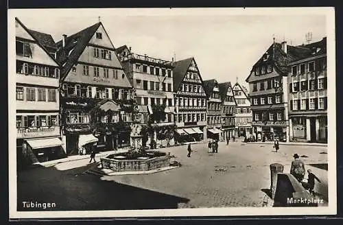 AK Tübingen, Marktplatz mit Hotel Lamm und Brunnen