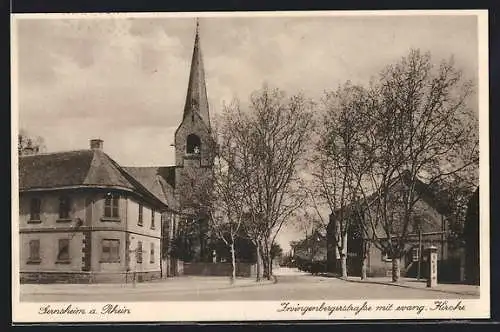 AK Gernsheim a. Rhein, Zwingenbergerstrasse mit evangelischer Kirche