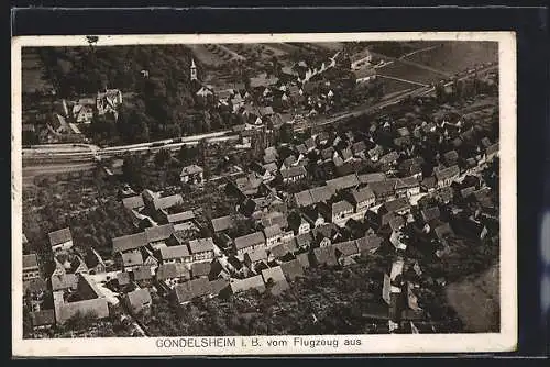 AK Gondelsheim i. B., Teilansicht mit Kirche, Fliegeraufnahme