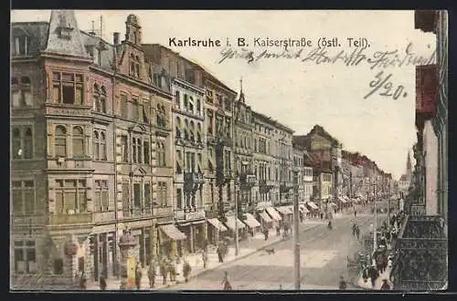 AK Karlsruhe i. B., Östlicher Teil der Kaiserstrasse mit Geschäften