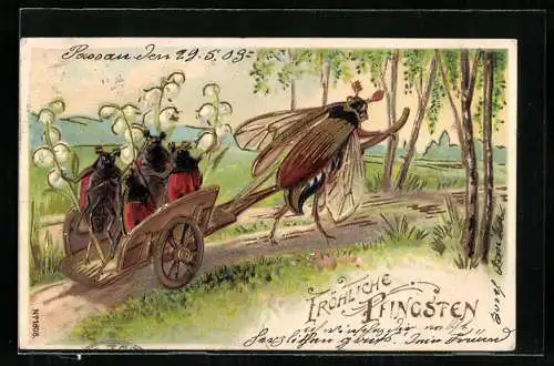 AK Pfingstgruss, Maikäfer zieht Marienkäfer im Handwagen durch ein Birkenwäldchen