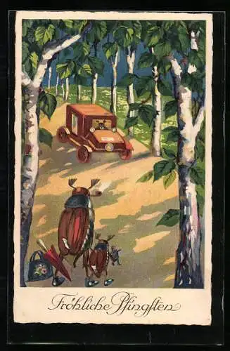 AK Maikäferfamilie mit Kind und Kegel auf grosser Reise