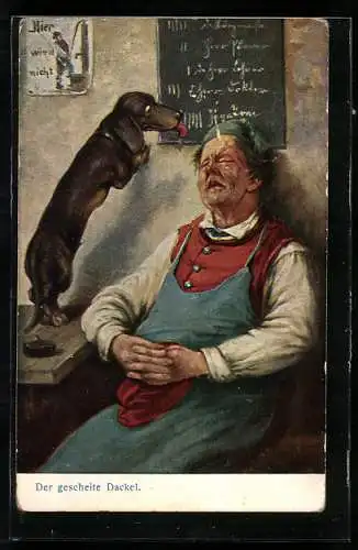 AK Der gescheite Dackel leckt an der Getränke-Tafel die Striche weg