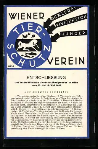 AK Wien, Tierschutzverein, Schulhof 6, Forderung des Tierschutzkongresses 1929