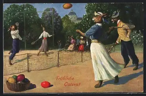 Künstler-AK Arthur Thiele unsign.: Osterhasen spielen Tennis