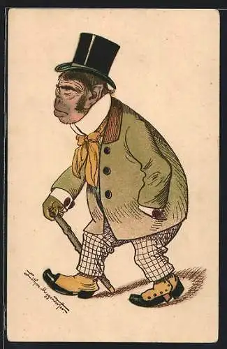 Künstler-AK Meggendorfer Blätter Nr. 978: Affe im Anzug mit Zylinder und Gehstock beim Spaziergang