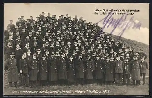 AK Original Autograph vom Korvetten Kapitän Graf Dohna-Schlodien, Besatzung der heimgekehrten Möwe am 4. März 1916