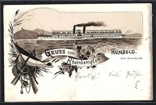 Lithographie Rheindampfer Humbold in Fahrt