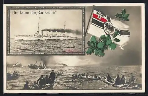 AK Kriegsschiff Karlsruhe, Versenkung feindlicher Schiffe, Schiffbrüchige, Reichskriegsflagge