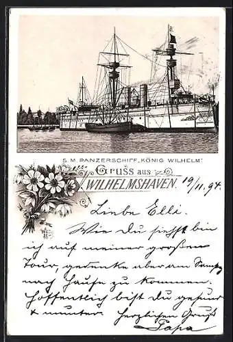 Vorläufer-Lithographie Wilhelmshaven, 1894, SM Panzerschiff König Wilhelm
