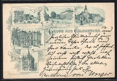 Vorläufer-Lithographie Oldenburg / Old., 1891, Strassenpartie am Strau, Grossh. Theater, Schloss, Rathaus