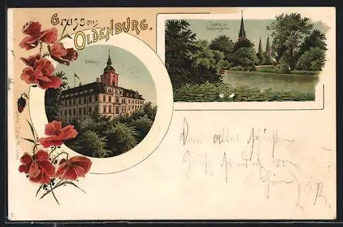 Lithographie Oldenburg / Old., Schloss, Partie mit Schwänen im Schlossgarten