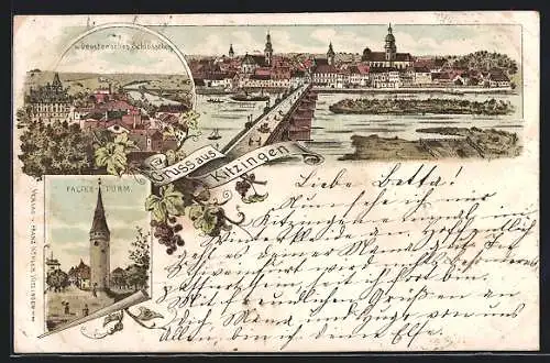 Lithographie Kitzingen, Falterturm, Ortsansicht v. Deuster`sches Schlösschen, Bick auf die Brücke