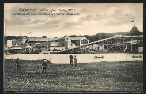 AK Oldenburg / Old., Landes-Ausstellung 1905, Teichpartie mit Wasserrutschbahn u. Hoyer`s Seeschlösschen