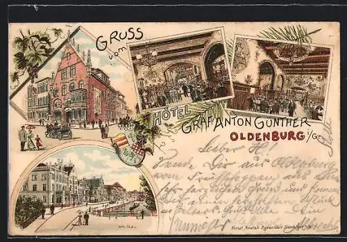 Lithographie Oldenburg i. Gr., Hotel Graf Anton Günther, Strassenpartie am Stau, Stadtwappen