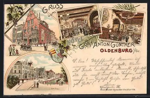 Lithographie Oldenburg i. Gr., Hotel Graf Anton Günther, Strassenpartie am Stau, Wappen