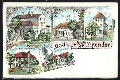 Lithographie Wittgendorf / Oberlausitz, Gasthaus v. Sander, Warenhandlung v. Franke, Schloss und Burg