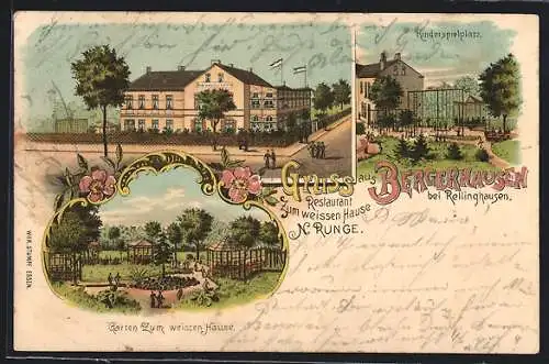 Lithographie Bergerhausen / Essen, Restaurant zum weissen Hause, Garten, Kinderspielplatz