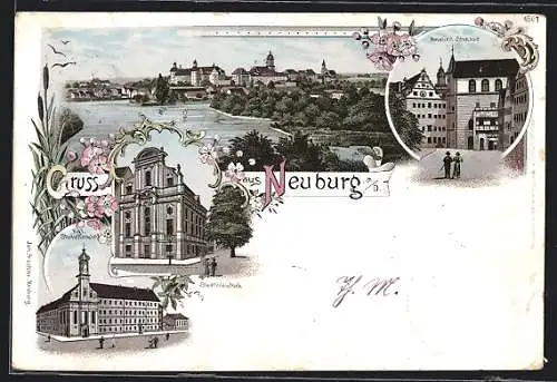 Lithographie Neuburg a. D., Amalien-Strasse, Kgl. Studienanstalt, Ortsansicht vom Wasser aus