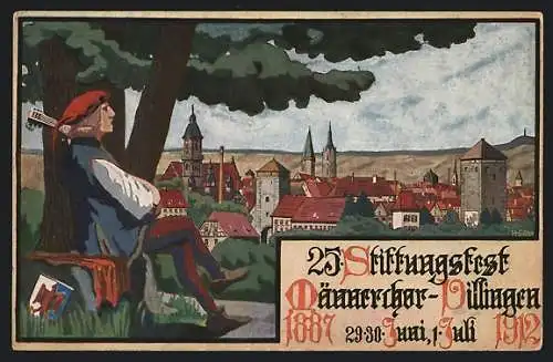 Künstler-AK Villingen / Schwarzwald, 25. Stiftungsfest des Männerchors 1912, Sänger mit Laute über der Stadt, Wappen