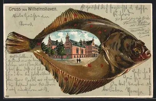 Passepartout-Lithographie Wilhelmshaven, Bauingenieur- und Deckofffizier-Schule im Flunder-Passepartout