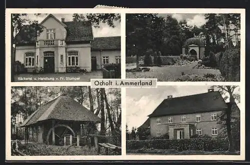 AK Ocholt /Ammerland, Bäckerei-Handlung Fr. Stumper, Wassermühle, Kapelle, Gebäude