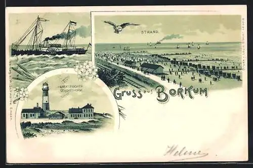 Lithographie Borkum, Elektrischer Leuchtturm, Dampfer Borkum, Strand