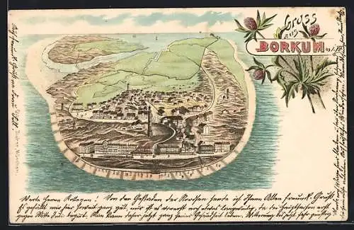 Lithographie Borkum, Gesamtansicht mit Leuchttürmen aus der Vogelschau, Blumen