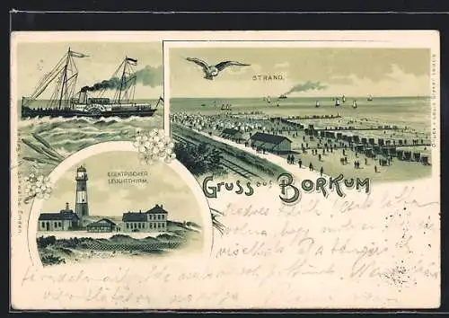 Lithographie Borkum, Elektrischer Leuchtturm, Dampfer Borkum, Strand