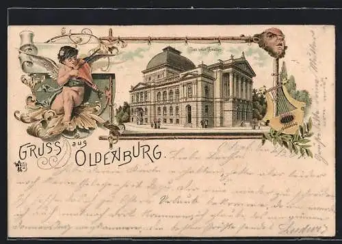 Lithographie Oldenburg / Old., Das neue Theater, Engel mit Geige, Zither, Maske