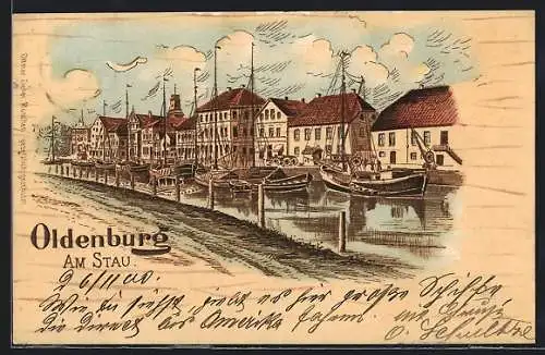 Lithographie Oldenburg / Old., Am Stau, Ortspartie mit Booten