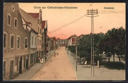 AK Geilenkirchen-Hünshoven, Strassenpartie mit Marktplatz und Restaurant-Metzgerei